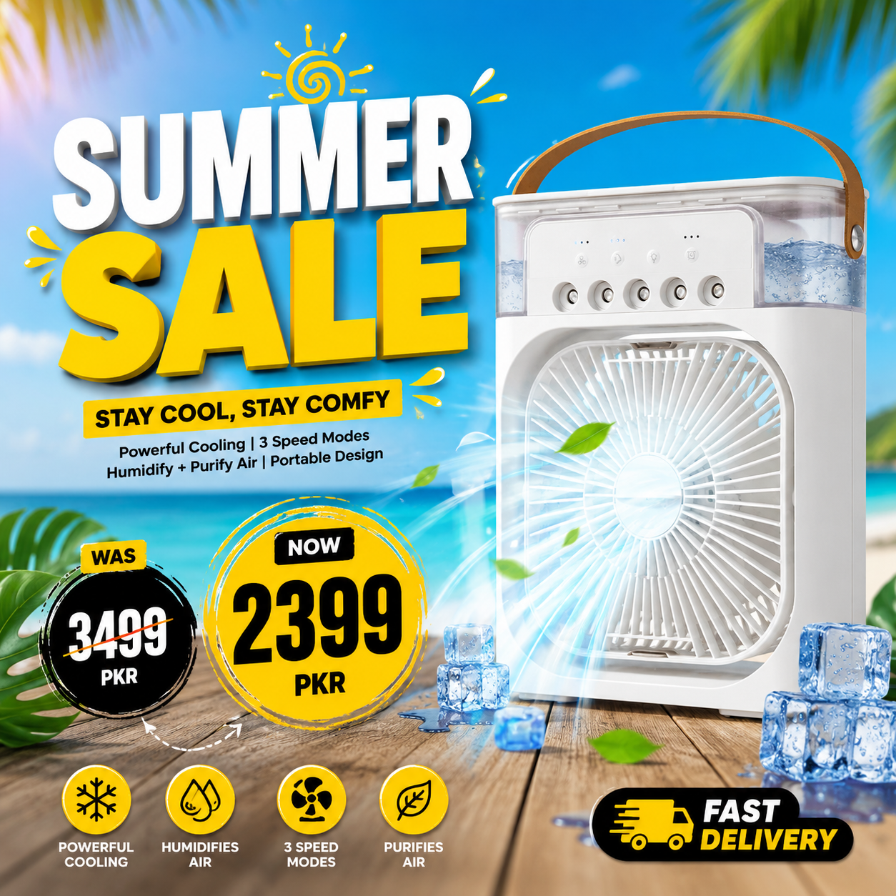 Portable Air Cooler Fan – 3 Speed Mist Cooling Fan with LED Light & Timer