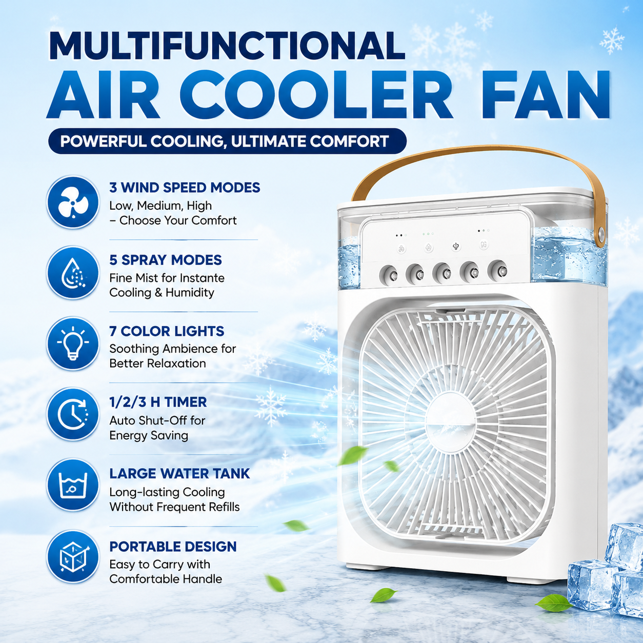 Portable Air Cooler Fan – 3 Speed Mist Cooling Fan with LED Light & Timer
